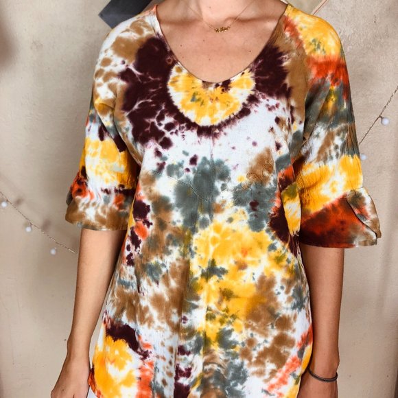 Fall Tone Custom Tie Dye Flare Sleeve Bohemian Peasant 3/4 Sleeve Top - Picture 4 of 10
